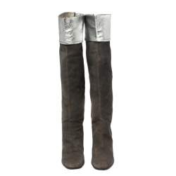 مملوكة مسبقًا حذاء بوت للركبه شانيل جلد وسويدي رصاصي داكن مقاس 41