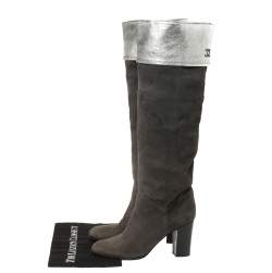 مملوكة مسبقًا حذاء بوت للركبه شانيل جلد وسويدي رصاصي داكن مقاس 41