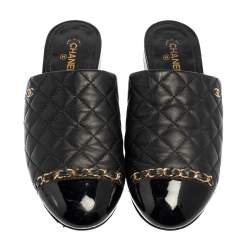 Pre Owned Chanel Black Quilted Leather Cap Toe Chain Mules Size 37