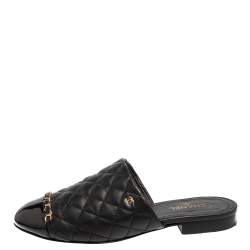 Pre Owned Chanel Black Quilted Leather Cap Toe Chain Mules Size 37