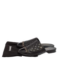 Pre Owned Chanel Black Quilted Leather Cap Toe Chain Mules Size 37