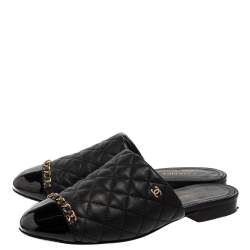 Pre Owned Chanel Black Quilted Leather Cap Toe Chain Mules Size 37