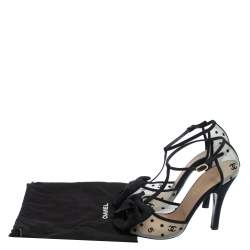 Pre Owned Chanel Black 'CC' Mesh And Canvas Open Toe Bowtie T Strap Sandals Size 39.5
