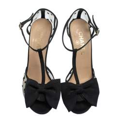 Pre Owned Chanel Black 'CC' Mesh And Canvas Open Toe Bowtie T Strap Sandals Size 39.5