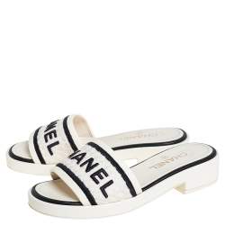 Chanel Off White Leather And Canvas Logo Slide Sandals Size 38