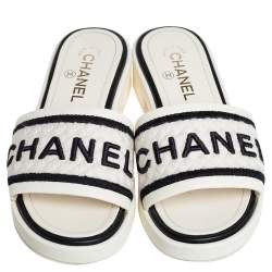 Chanel Off White Leather And Canvas Logo Slide Sandals Size 38