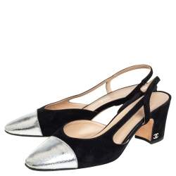 Chanel Black/Silver Suede And Leather CC Cap Toe Block Heel Slingback Sandals Size 38 