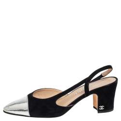 Chanel Black/Silver Suede And Leather CC Cap Toe Block Heel Slingback Sandals Size 38 