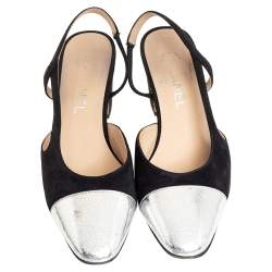 Chanel Black/Silver Suede And Leather CC Cap Toe Block Heel Slingback Sandals Size 38 