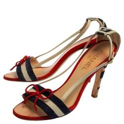 Chanel Multicolor Suede CC Bow Cork Heel Ankle Strap Sandals Size 37