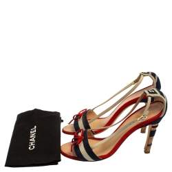 Chanel Multicolor Suede CC Bow Cork Heel Ankle Strap Sandals Size 37