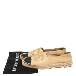 Pre Owned Chanel Beige Leather Camellia Studded Espadrilles Size 39