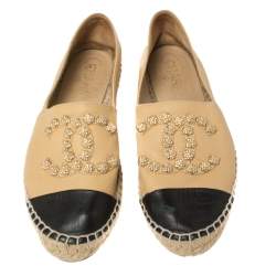 Pre Owned Chanel Beige Leather Camellia Studded Espadrilles Size 39