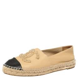 Pre Owned Chanel Beige Leather Camellia Studded Espadrilles Size 39
