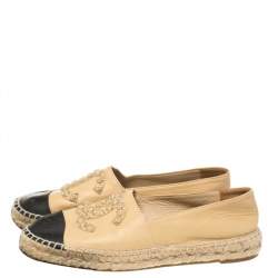 Pre Owned Chanel Beige Leather Camellia Studded Espadrilles Size 39