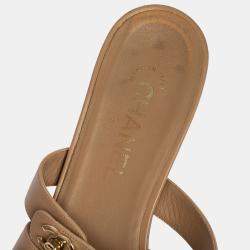 Chanel Beige CC Turnlock Leather Triple Strap Flat Sandals Size 40.5
