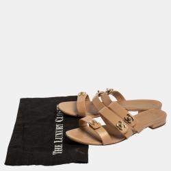 Chanel Beige CC Turnlock Leather Triple Strap Flat Sandals Size 40.5