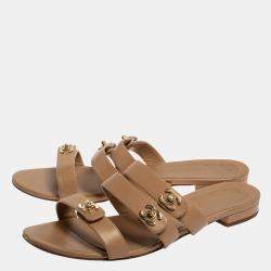Chanel Beige CC Turnlock Leather Triple Strap Flat Sandals Size 40.5