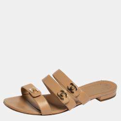 Chanel Beige CC Turnlock Leather Triple Strap Flat Sandals Size 40.5