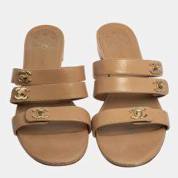 Chanel Beige CC Turnlock Leather Triple Strap Flat Sandals Size 40.5