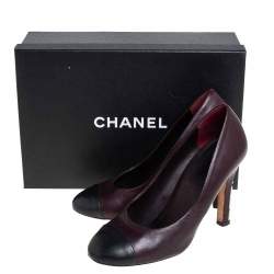 Pre Owned Chanel Burgundy/Black Leather Cap Toe Pearl Embellished Heels Pumps Size 39.5