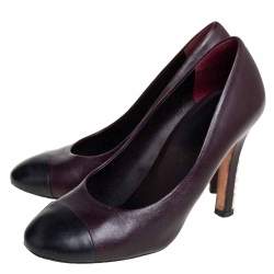 Pre Owned Chanel Burgundy/Black Leather Cap Toe Pearl Embellished Heels Pumps Size 39.5