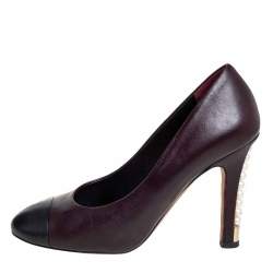Pre Owned Chanel Burgundy/Black Leather Cap Toe Pearl Embellished Heels Pumps Size 39.5