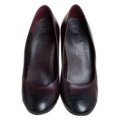 Pre Owned Chanel Burgundy/Black Leather Cap Toe Pearl Embellished Heels Pumps Size 39.5