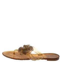 Pre Owned Chanel Gold Rubber Camellia CC Thong Flat Slides Size 39