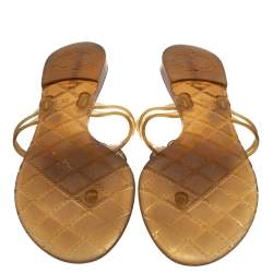 Pre Owned Chanel Gold Rubber Camellia CC Thong Flat Slides Size 39