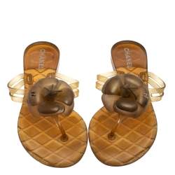 Pre Owned Chanel Gold Rubber Camellia CC Thong Flat Slides Size 39