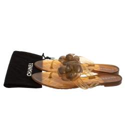 Pre Owned Chanel Gold Rubber Camellia CC Thong Flat Slides Size 39
