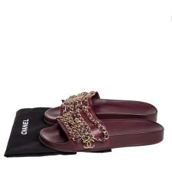 Chanel Burgundy Leather  Tropiconic Chain Detail Flat Sandals Size 35