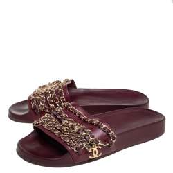 Chanel Burgundy Leather  Tropiconic Chain Detail Flat Sandals Size 35