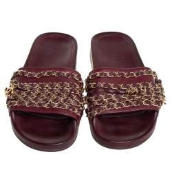 Chanel Burgundy Leather  Tropiconic Chain Detail Flat Sandals Size 35