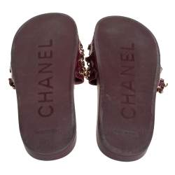Chanel Burgundy Leather  Tropiconic Chain Detail Flat Sandals Size 35