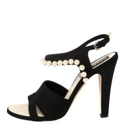 Chanel Black Suede Pearl Embellishment Sandals Size 39