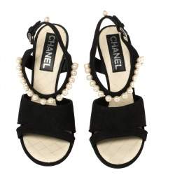 Chanel Black Suede Pearl Embellishment Sandals Size 39