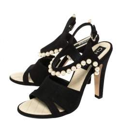 Chanel Black Suede Pearl Embellishment Sandals Size 39