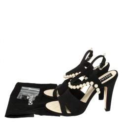 Chanel Black Suede Pearl Embellishment Sandals Size 39