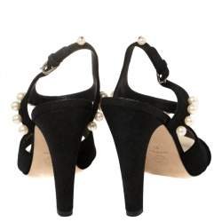 Chanel Black Suede Pearl Embellishment Sandals Size 39