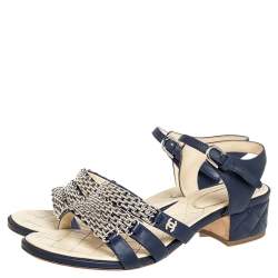 Chanel Navy Blue Leather Reissue Chain Detail Quilted Heel Ankle Strap Sandals Size 39