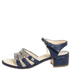 Chanel Navy Blue Leather Reissue Chain Detail Quilted Heel Ankle Strap Sandals Size 39
