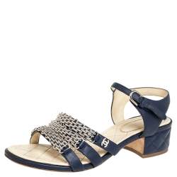 Chanel Navy Blue Leather Reissue Chain Detail Quilted Heel Ankle Strap Sandals Size 39