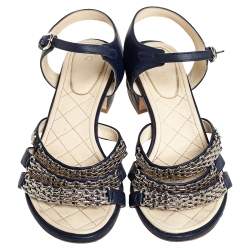 Chanel Navy Blue Leather Reissue Chain Detail Quilted Heel Ankle Strap Sandals Size 39
