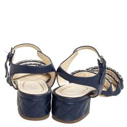 Chanel Navy Blue Leather Reissue Chain Detail Quilted Heel Ankle Strap Sandals Size 39