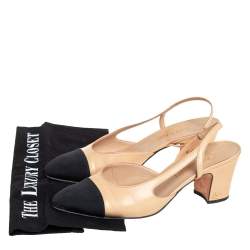 Pre Owned Chanel Beige/Black Leather And Fabric CC Cap Toe Slingback Sandals Size 37.5