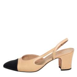 Pre Owned Chanel Beige/Black Leather And Fabric CC Cap Toe Slingback Sandals Size 37.5