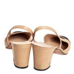 Pre Owned Chanel Beige/Black Leather And Fabric CC Cap Toe Slingback Sandals Size 37.5