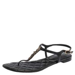 Chanel Black Leather CC Star Logo T Strap Thong Flat Sandals Size 39
